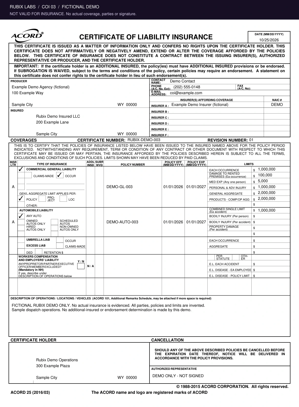 Fictional ACORD 25 certificate 3 for Rubix Demo Insured LLC. General liability $1,000,000, auto liability $1,000,000, expires 2027-01-01. Not valid for insurance.