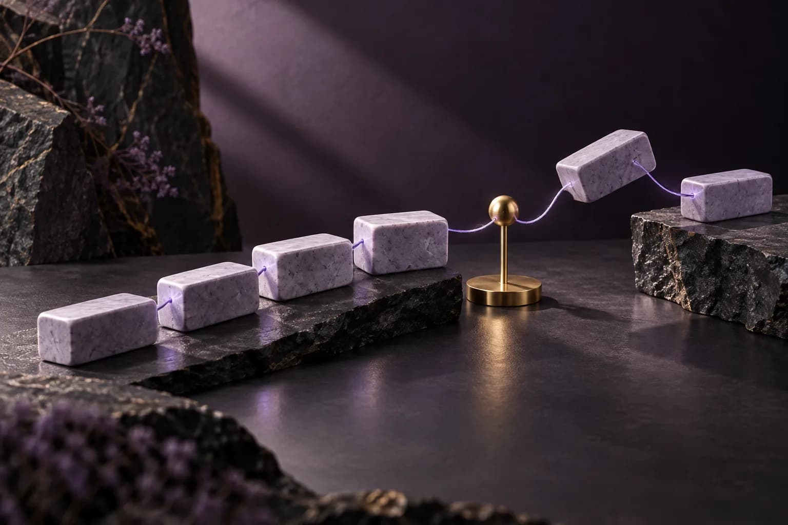 A thread connects lavender stepping stones across a gap marked by a brass checkpoint.
