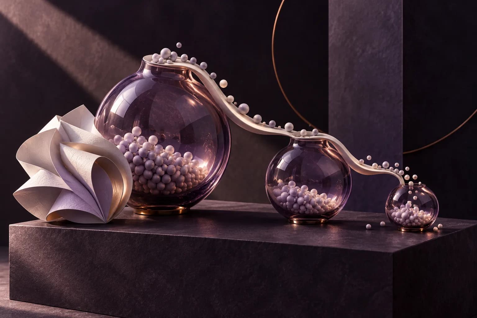 Three glass vessels of different sizes share a channel carrying small beads, beside a complex folded form.