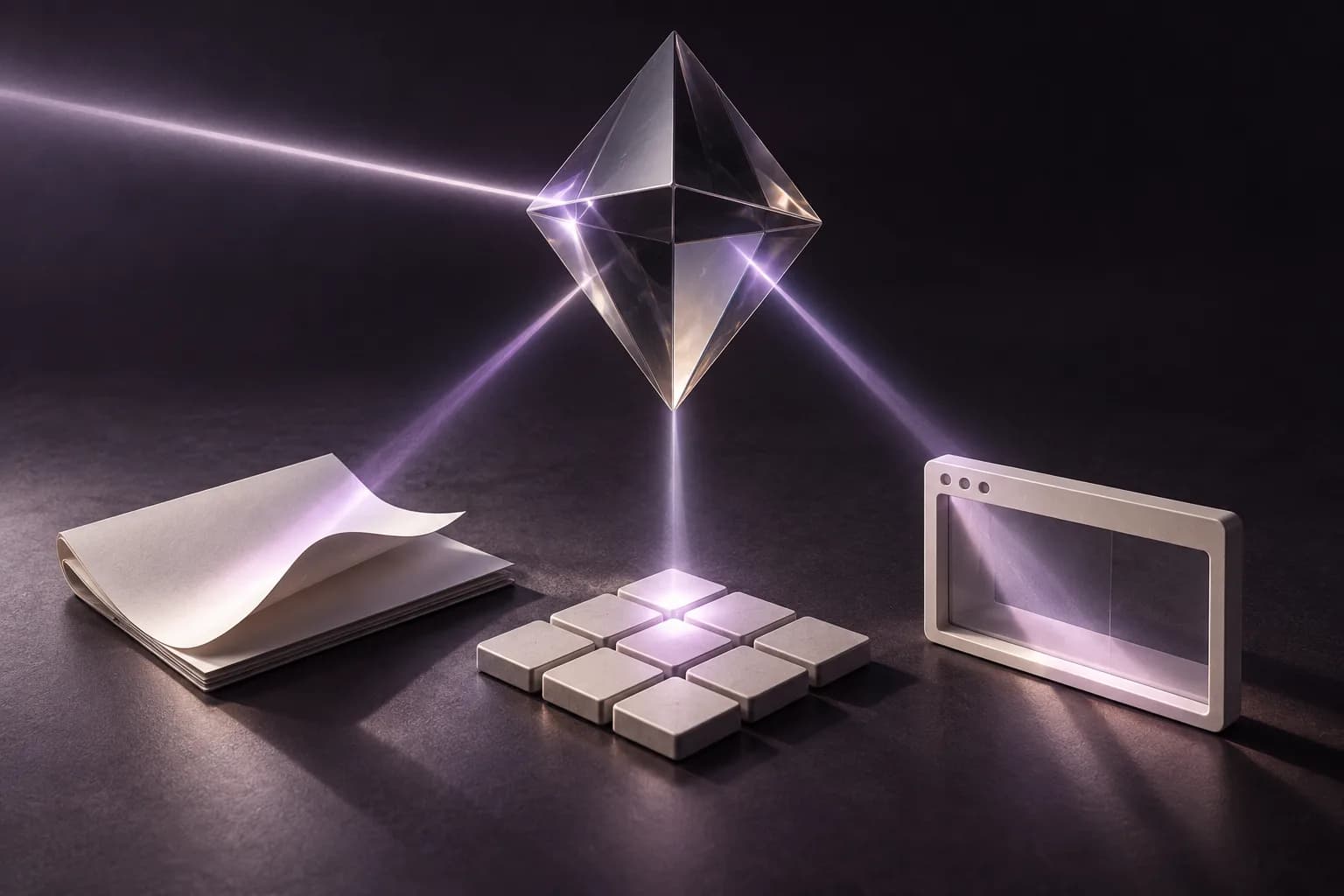 A glass prism directs light onto a document, a grid and a browser-shaped frame.