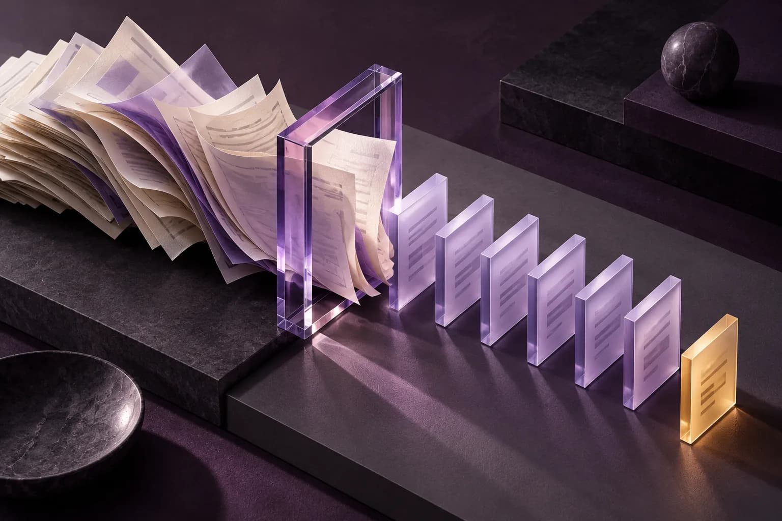 Loose papers pass through a glass frame into ordered data tiles, with one amber tile set aside.