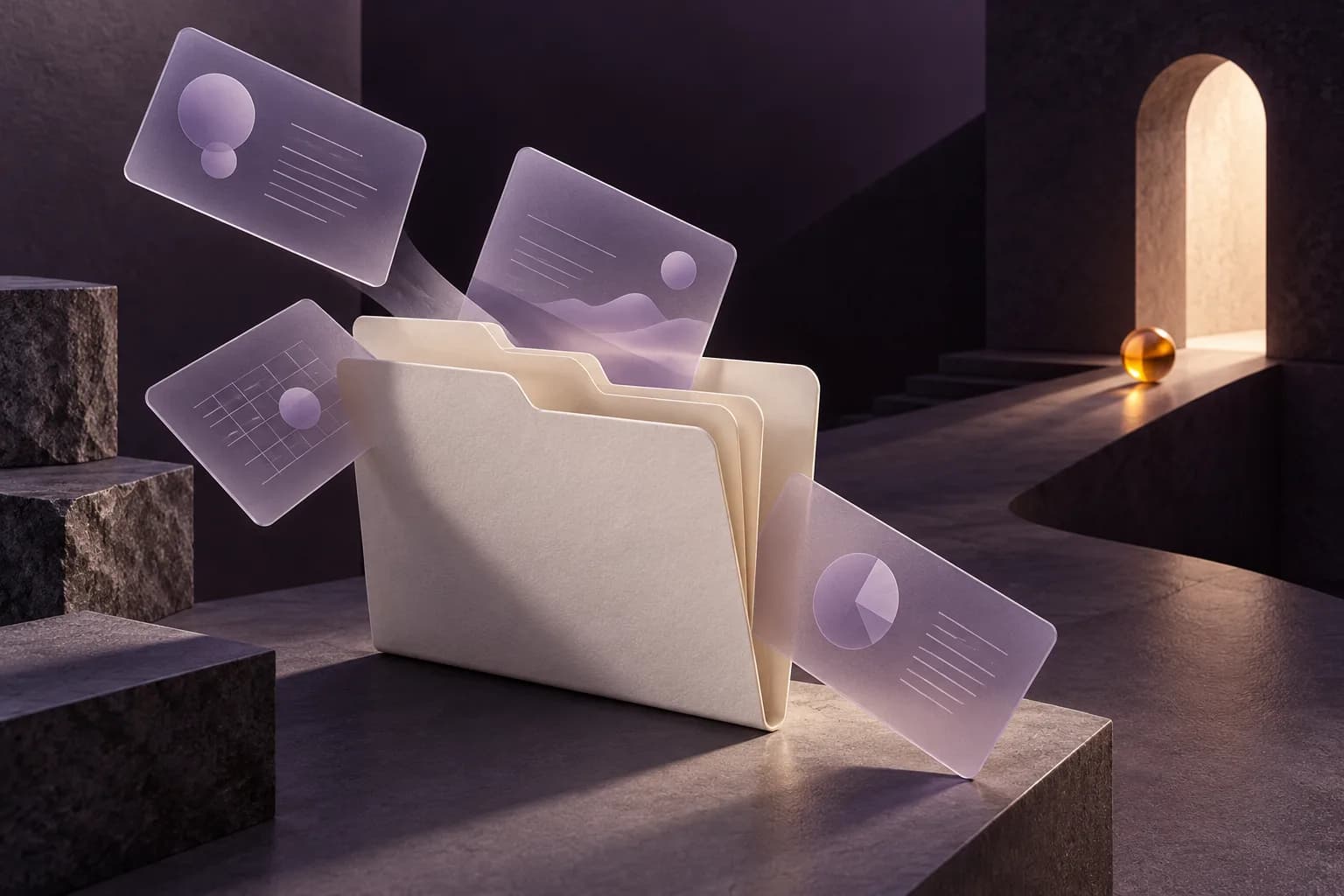 Translucent information cards gather inside an open folder beside a lit doorway.