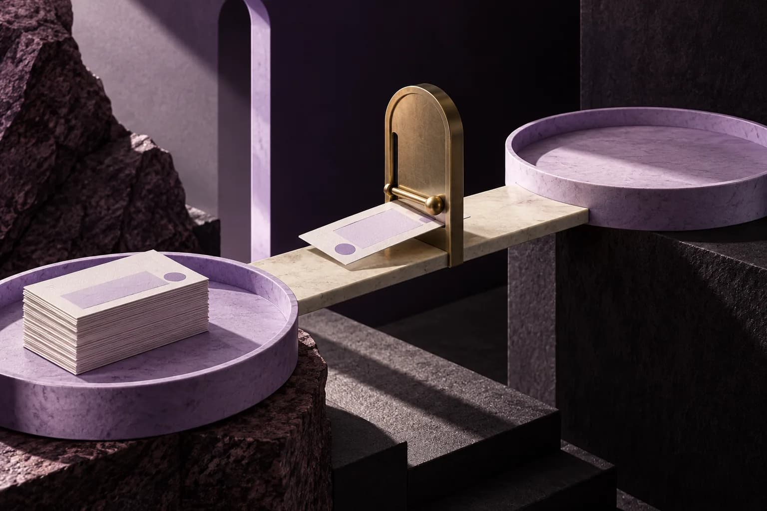A request card waits at a brass gate between two lavender trays.