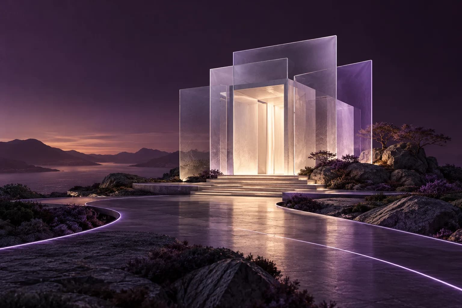 Paths converge on an illuminated pavilion built from translucent glass planes.