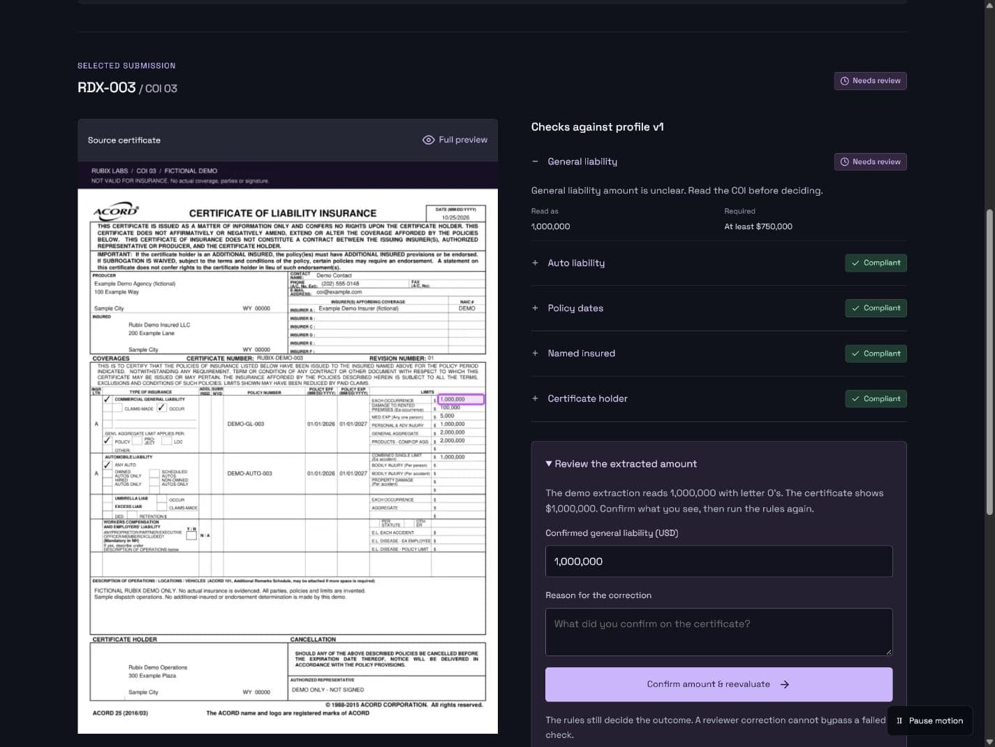 Rubix demo admin showing a fictional ACORD certificate beside its requirements checks and a manual correction form